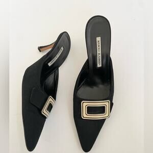 Manolo Blahnik Vintage Black Canvas White buckle pointed toe mules EU 41.5